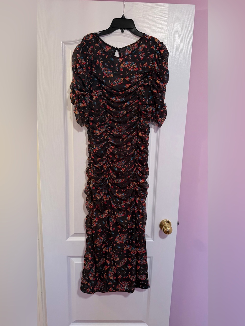 Free People Black Floral Ruched Midi Dress with Red and Blue Accents